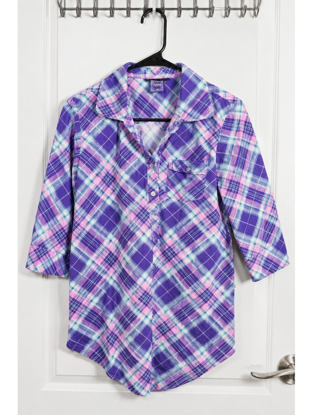 Joe Boxer Purple Plaid Pajama Sleep Shirt 100% Cotton 3/4 Sleeve Nightshirt S/C